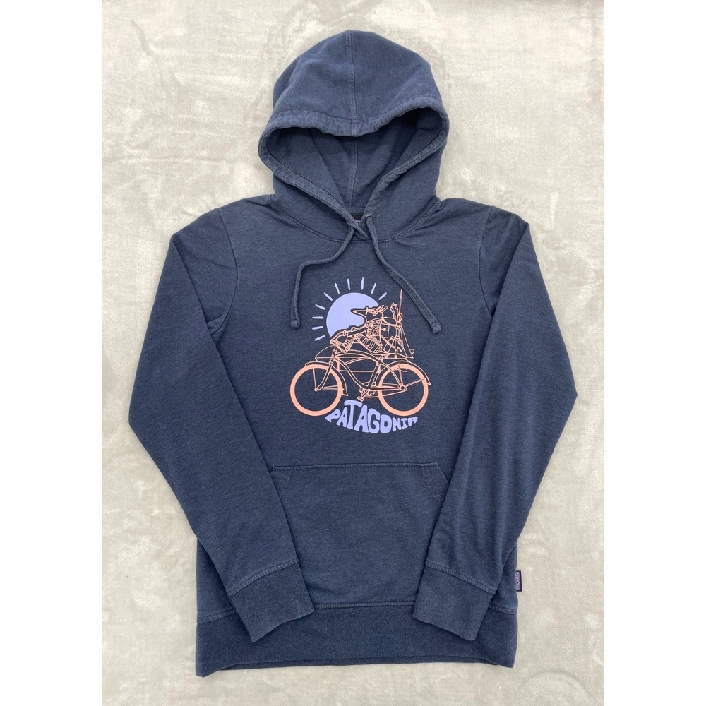 Patagonia Ahnya Hoodie Womens XS Blue Bike Graphic Organic Cotton